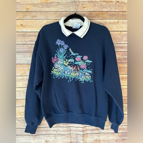 Jerzees Tops - Vintage 90s Morning Sun Jerzees Women’s Medium Collared Blue Sweatshirt Frog